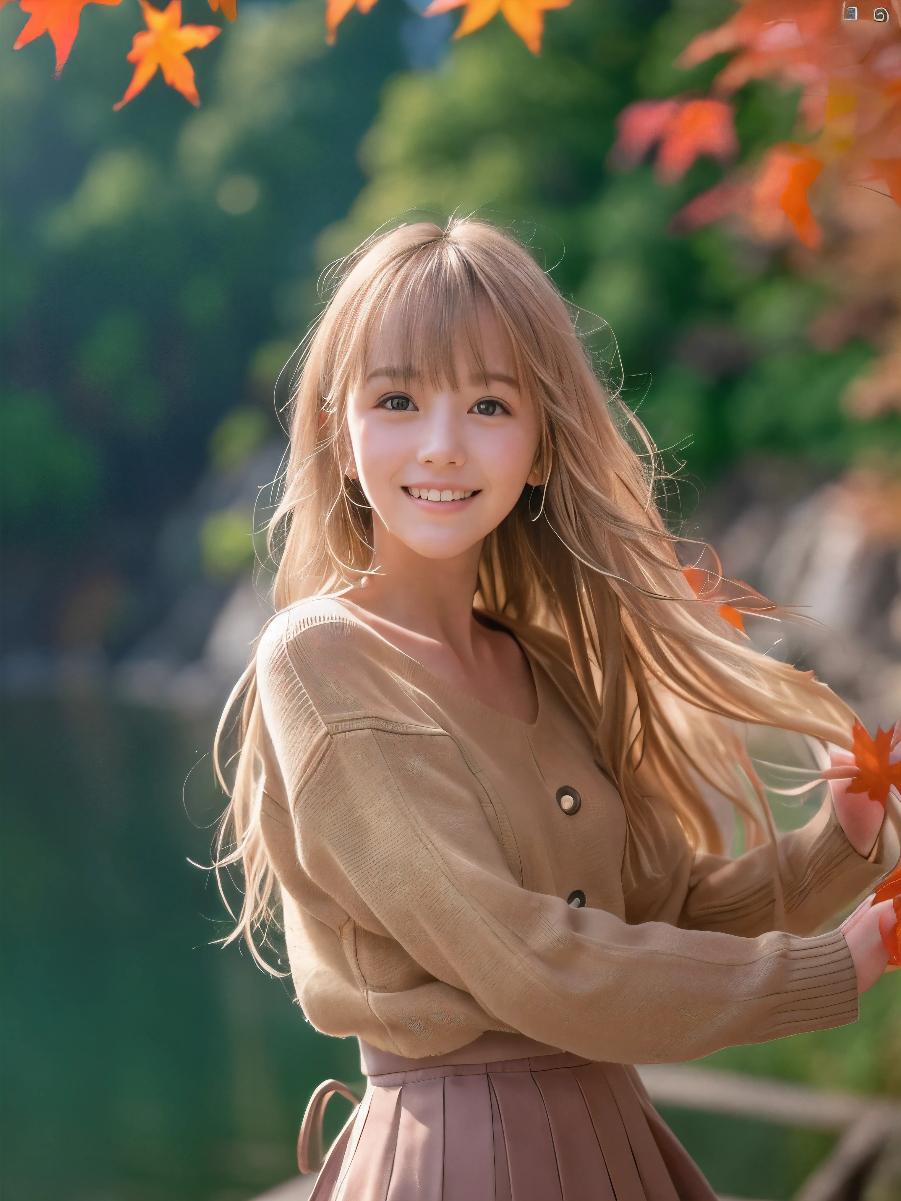 (Close up face shot of one slender small breasts half up blonde long hair with bangs girl in a long sleeves shirt and sweater and skirt:1.5)、(One blonde hair girl is dancing with happy smile on the dart road near the lake and big waterfall in Japan:1.5)、(Beautiful autumn red leaves landscpe:1.5)、(Natural light:1.5)、(8k ultra detailed master piece:1.5)、(perfect anatomy:1.5)、(Photorealistic stick:1.5)、(Raw photo:1.3)、(highest quality:1.5)、(High resolution:1.3)、(Delicate and beautiful perfect face:1.3)、(Delicate and beautiful eye air skin:1.3)、(Real Human Skin:1.3)、((thin legs))