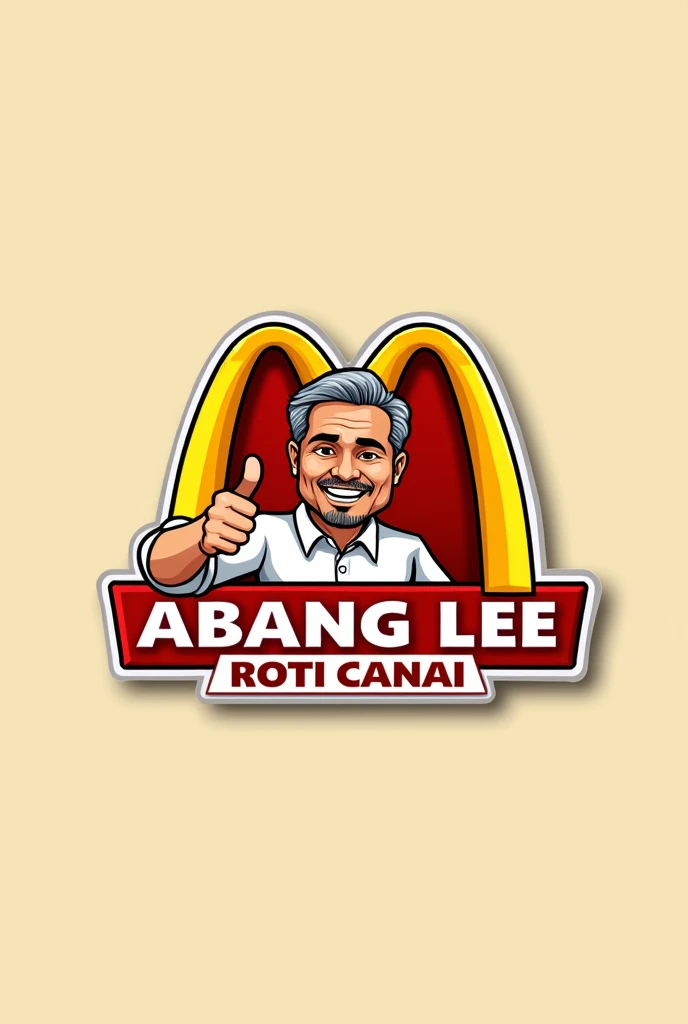 word "Abang Lee Roti Canai" for logo. industri. red white yellow font. like mcd logo. man age 50 muslim . Malay man face. tan skin. rey hair, small beasd. thumb up hand.