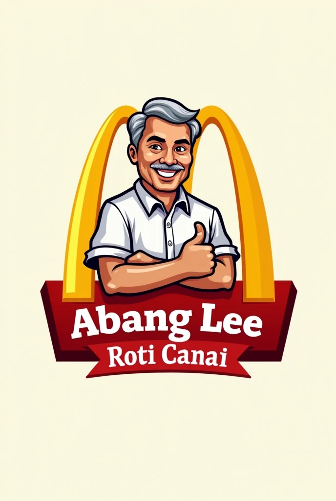 word "Abang Lee Roti Canai" for logo. industri. red white yellow font. like mcd logo. man age 50 muslim . Malay man face. tan skin. rey hair, small beasd. thumb up hand.