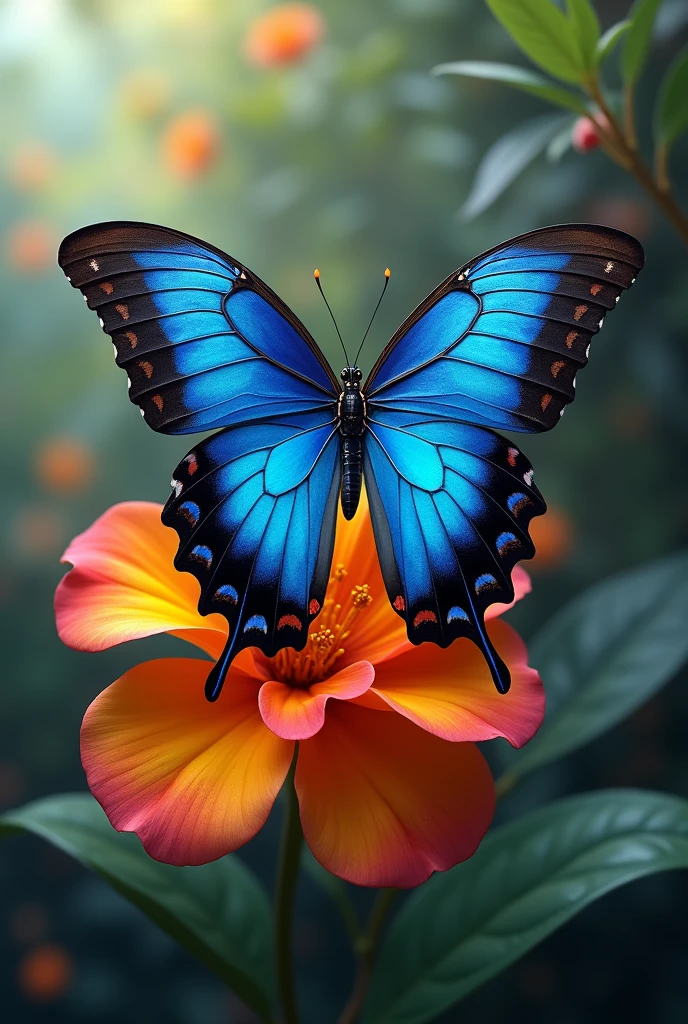 Realistic blue and black butterfly perched on a flower