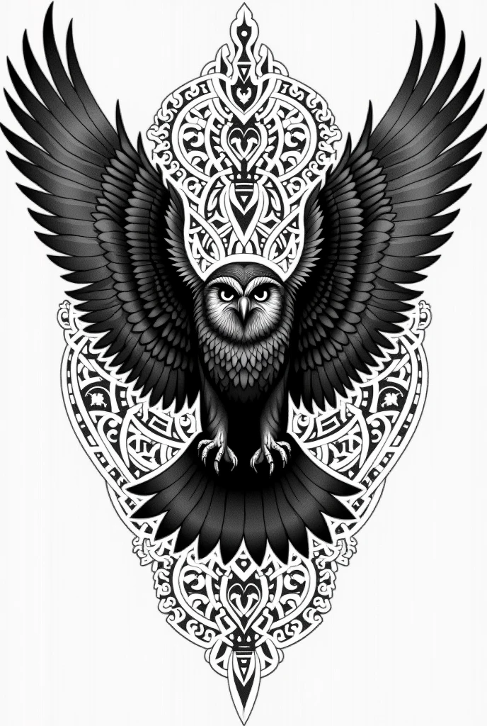 Create a black and white Viking pointillism tattoo filled with symbols known in Viking culture and war an owl flying