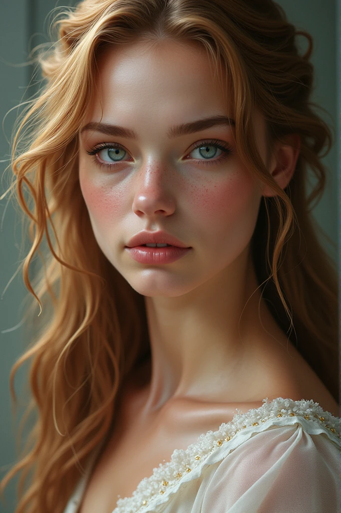 Feyre is a tall, thin Fae, pale skin, golden brown hair and grey-blue eyes. She has a pretty, upturned nose., sharp cheekbones and a soft mouth.