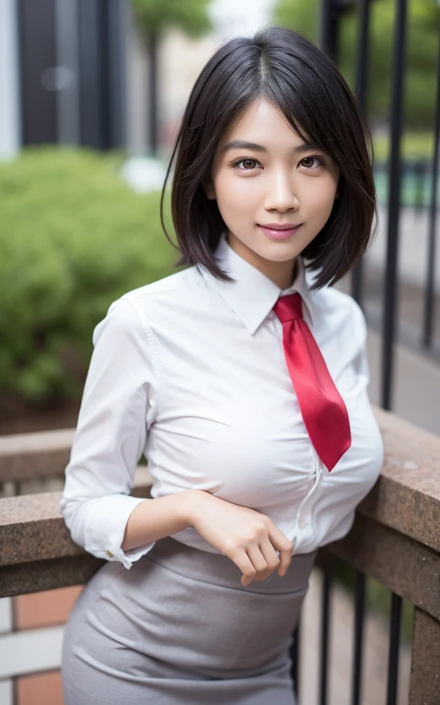 girl, Hyper Realistic, masterpiece, smile, portrait, bobhair, light gray pencil skirt suit, white shirt, red necktie, pantyhose