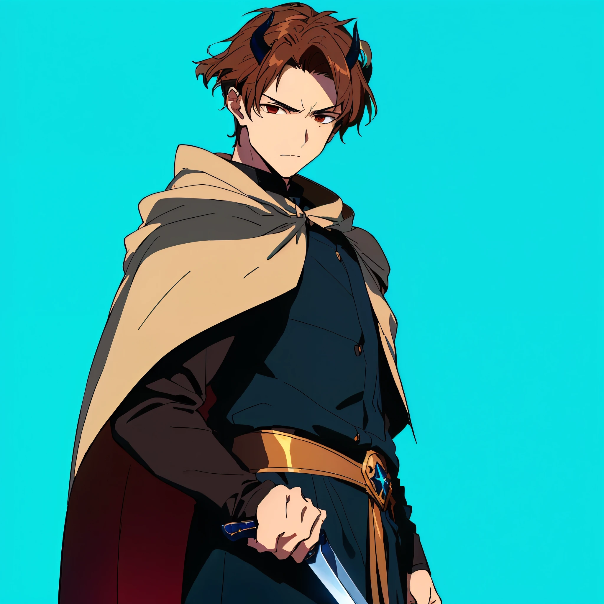 demon king boredom, look with boredom, expression of boredom, small pointed horns, demon horn, man holding sword, fire brown hair, perfect hands, hands holding a legendary sword