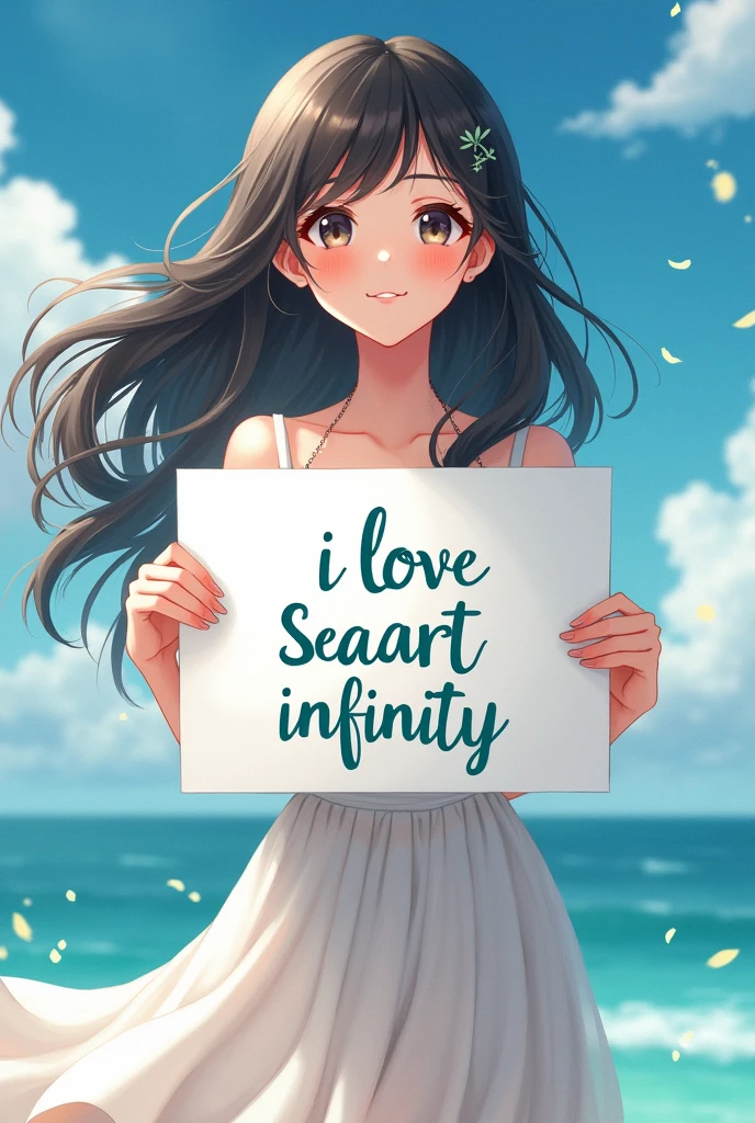 Beautiful girl with wavy long hair, bohemian dress, holding a white board with text "I Love Seaart Infinity" and showing it to the viewer, Stile Anime