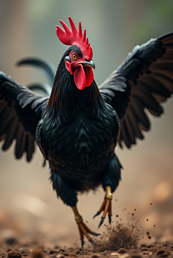 A fighting cock with jet black feathers, intense eyes and sharp beak, lunges forward in a ferocious attack. His muscles are tense and his wings are spread out., creating a sense of movement and power.
Try a little further away and with perspective where I perceive it flying. I don't like the rooster's face and the rooster must be seen completely. I love it but I want to see every last detail of the rooster's body, down to the last tip of the wing feathers.