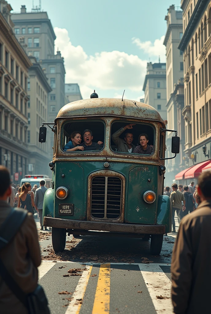 Recreates an old-fashioned bus crash into a wall, at the intersection of an avenue with worried people around 