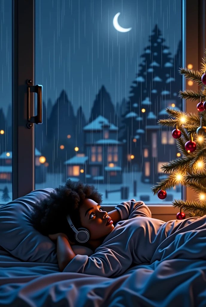 Une logi girl noire portant un casque. Elle est allongée sur son lit devant sa fenetre avec une grande baie vitrée donnant a l extérieur.Il oleut dehors et on voit les goûtes de pluies sur la vitre. C est une nuit d'hiver et la chambre est décorée pour noel
Avec un beau sapin decoré a cote de la fenêtre.