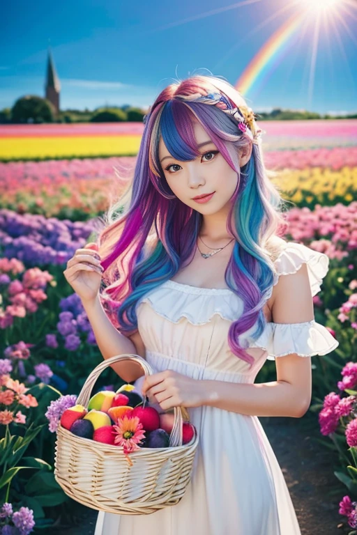 Highest quality,High resolution,A Japanese girl standing in a flower field holding a basket of fruit and flowers, Two-tone hair, long hair with pastel colours, aurora Colored Hair, Colorful pastels, Hair Color, multiColored Hair, Colorful long hair, Two-tone hair dye, Colorful Hair, Gradient Hair, pastel colour, Colored Hair, Bright rainbow hair colors,One-piece dress with frills,View of the stained glass church,The background is a sparkling rainbow in a clear blue sky.:1.5,A large rainbow-colored pumpkin grows in a flower field:1.5