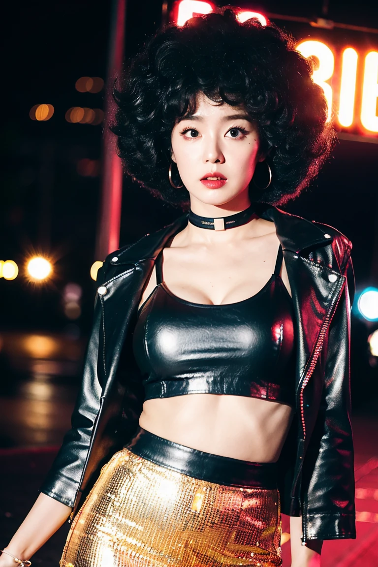 (Cinematic Aesthetic:1.4) Photo of irene fashion model bokeh city night with round disco afro wig, bra, super mini skirt,big bust, Clevage, opened black leather jacket, make up, exposed stomach, sexy look, choker