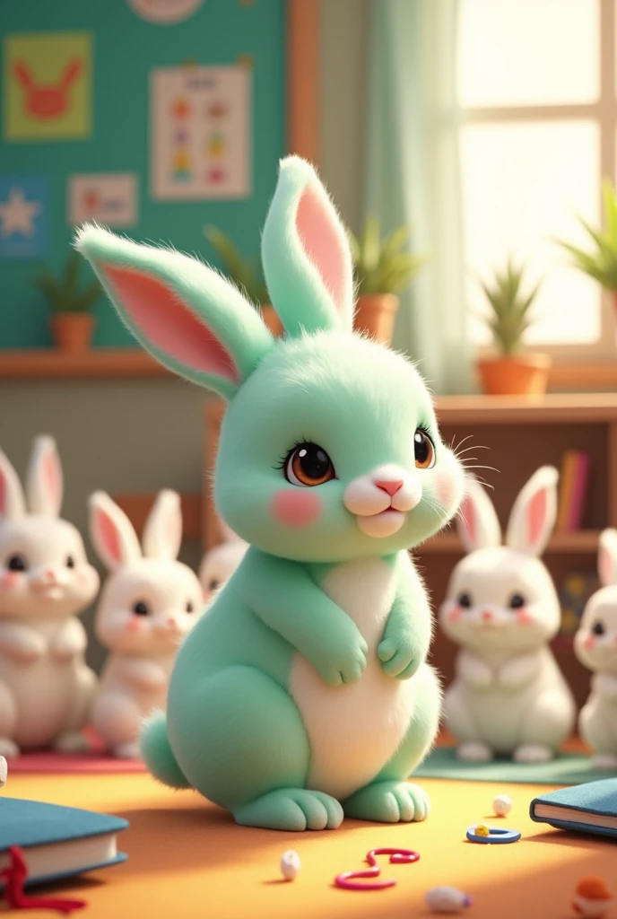 LIGHT-GREEN BUNNY IN HIS PREKINDERGARTEN WITH OTHER BUNNIES
