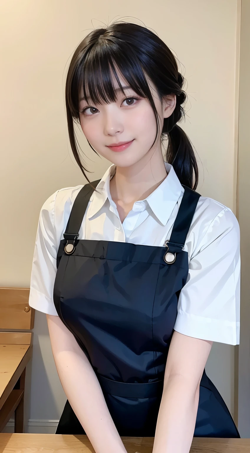 (Highest quality,masterpiece:1.3,Ultra-high resolution,),(Very detailedな,Caustics),(Photorealistic:1.4,RAW shooting,)Ultra-Realistic Capture,Very detailed,High resolution 16K human skin closeup。 Natural skin texture、,Pores、、、、It must be detailed enough to be easily identifiable。 Skin tone is even and healthy looking。 Use natural light and colour,restaurant,Waitress Uniform,1 girl,Japanese,1,cute,Black-haired,ponytail,Big Breasts,smile,Turn your body forward,(Front view:1.1),Looking at the camera,Cowboy Shot,
