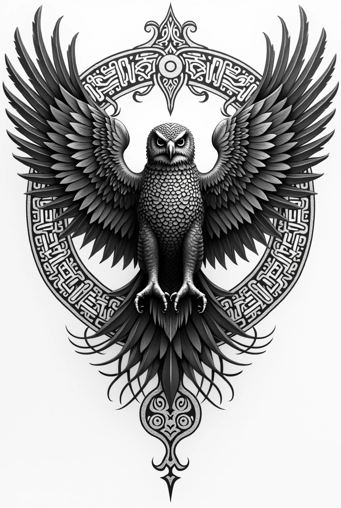 Create a black and white Viking pointillism tattoo filled with symbols known in Viking culture and war a flying eagle owl