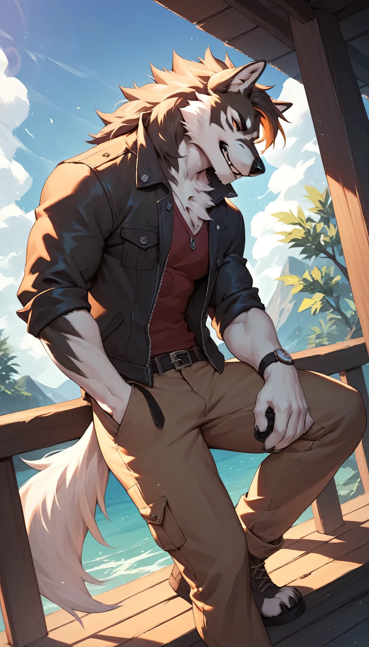 Male white wolf's den, wolf tail, alone, arrogant expression, masterpiece, Best Art, whole body, by violinist taran, detailed eyes, detailed body, claws, high, top-less, Pecs, ABS, squatting posture, jeans and pink t-shirt, sunny background in a park, green food, blue sky