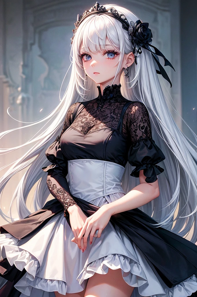 ((Best Quality)), ((masterpiece)), (detailed), 1 girl, white hair, long black dress with details