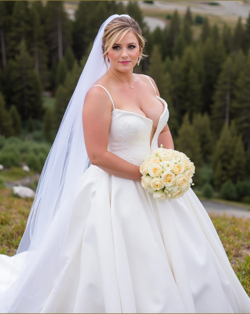 bride in white wedding dress with veil and bouquet in the mountains, white gown, look at all this detail, dramatic details, wearing a wedding dress, katey truhn, perfect  detail, look at this detail!, Details galore, look at all this detail!, with mountains as background, Jenna Barton, look at the details, jaw dropping beauty, with mountains in the background