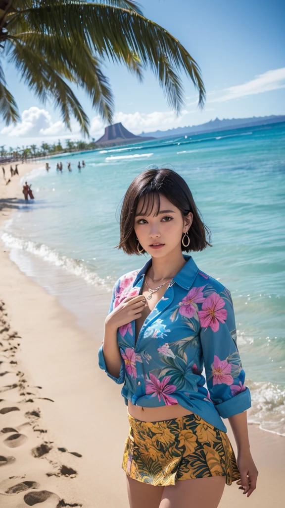 Highest qualityのリアル, Official Art, Highly detailed CG Unity 8k wallpaper,(masterpiece:1.3), (8k, Realistic, RAW Photos, Highest quality: 1.4), (1 girl), Pretty face, (Realistic Face), (Black Hair, Medium Hair:1.3), Beautiful hairstyle, Realistic eyes, fine grain, (Realistic Skin), Beautiful Skin, (On the chest), absurdes, charm, Ultra-high definition resolution, Ultra-Realistic Golden Ratio, Very detailed, Upper Body, Japanese Idols,(Aloha shirt and floral mini skirt:1.3),BREAK,Sounds good（Lol）,(Heart Necklace),(Triangle Earrings for Luxury Hotels),BREAK, (女神のような優しいLol顔),(Standing on the white sand of Waikiki Beach with Diamond Head in the background:1.2),Standing position, The hem of her aloha shirt flutters in the wind、Perfect Fingers、Five Fingers、Lol顔、