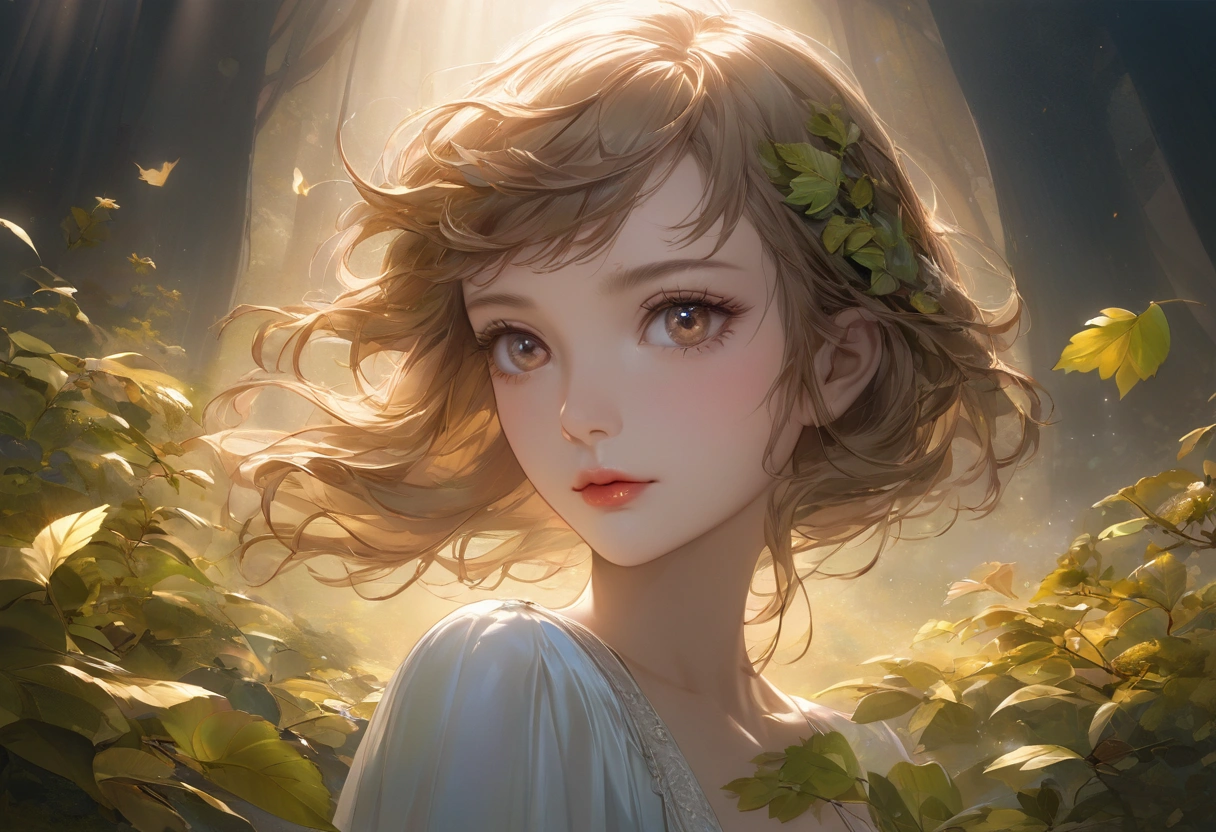 Zelkova landscape, bright canvas, The zelkova leaves are fluttering, Transparent holographic reflection, A surreal landscape made of zelkova leaves, Leaves viewers speechless, A beautiful world, 1 Russian woman, detailed eyes, brown eyes, detailed lips, very detailed face, long eyelashes, Beautiful and detailed portraits, elegant, tranquil expression, summer, high quality, 8k, realistic, surrealist, studio lighting, Physically Based Rendering, vivid colors, movie lights, dramatic lighting, soft lighting, dramatic contrast, clear, ethereal, dreamlike, mysterious, magical, fancy, concept art