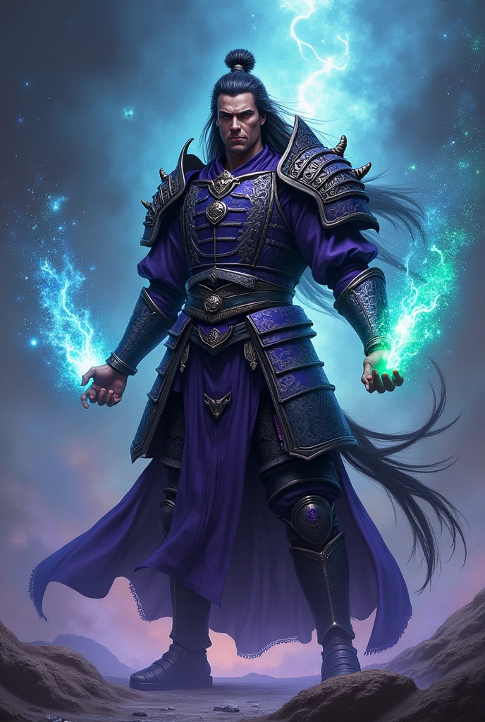 Make a man lean and muscle, with a dark purple samurai armor, with a katana on his waist that has a black hilt with an amethyst, that in his right hand he holds a green magnetar, in his left hand a blue super nova, around it star particles, that your hair has a tail. Make it look tougher, that his armor is more complete