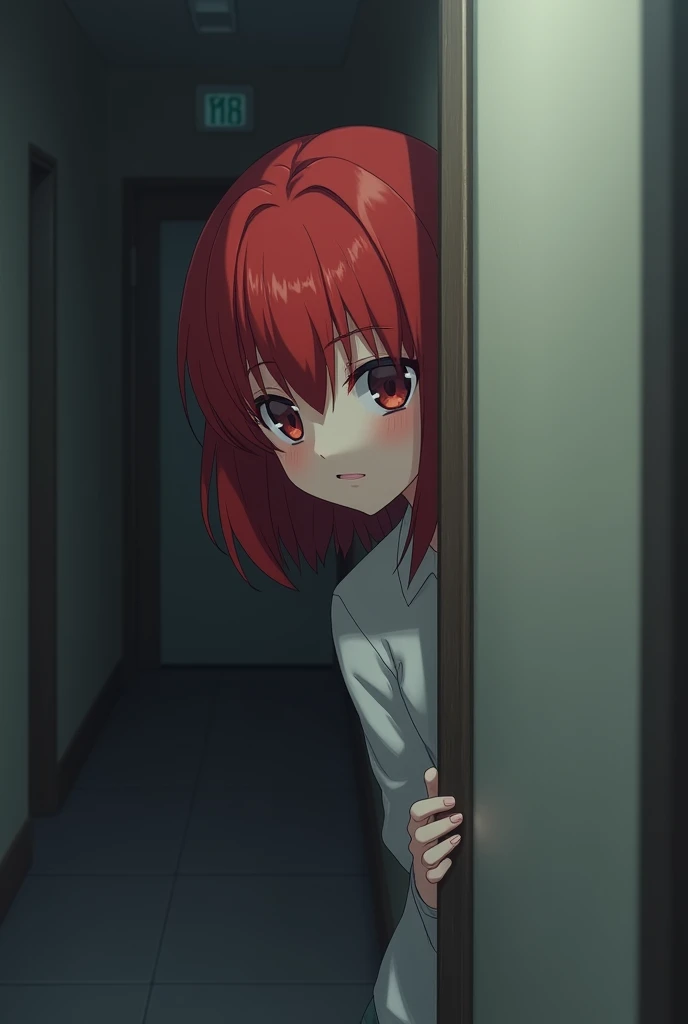 Red-haired adult girl with bangs hiding behind the wall in a hallway showing her standing 