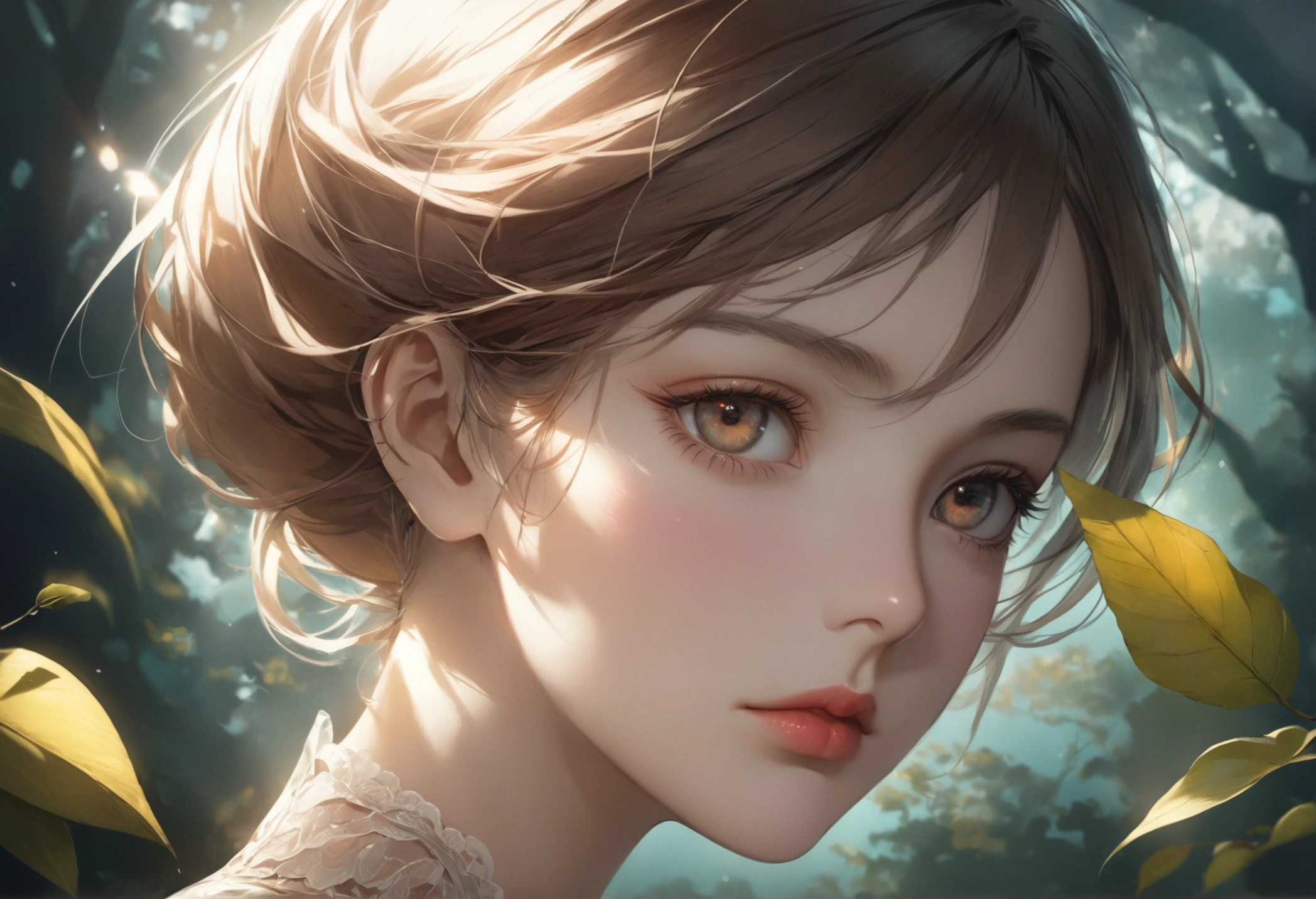 Zelkova landscape, bright canvas, The zelkova leaves are fluttering, Transparent holographic reflection, A surreal landscape made of zelkova leaves, Leaves viewers speechless, A beautiful world, 1 Russian woman, detailed eyes, brown eyes, detailed lips, very detailed face, long eyelashes, Beautiful and detailed portraits, elegant, tranquil expression, summer, high quality, 8k, realistic, surrealist, studio lighting, Physically Based Rendering, vivid colors, movie lights, dramatic lighting, soft lighting, dramatic contrast, clear, ethereal, dreamlike, mysterious, magical, fancy, concept art
