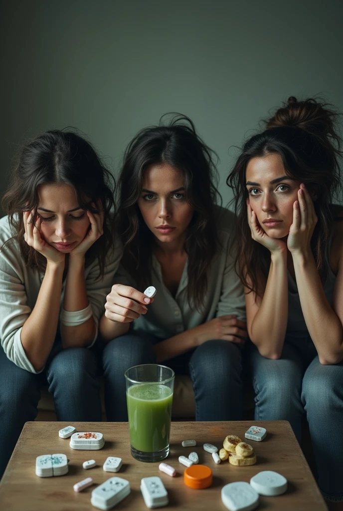 create an image of a 3 woman, white, with pale facial expression, dark circles, confused, tiredness, frustration, Grievingza, depression, Messy hair, sitting on a sofa, in front there is a table with medicines, supplements, a glass of green juice, and she's holding a pill in one hand and looking at the pill. the environment in the background and surroundings is dirty, Grieving, messy and depressed and with objects scattered around