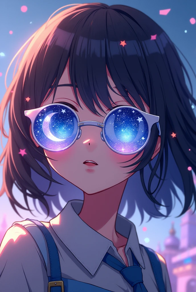 The model is wearing glass sunglasses with stars and the moon on the glass, Anime stile