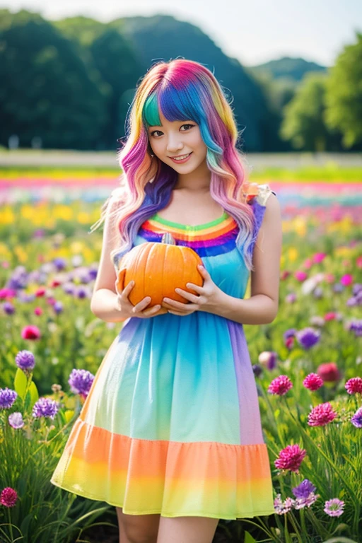 Highest quality,High resolution,A Japanese girl standing in a flower field holding a basket of fruit and flowers, Two-tone hair, long hair with pastel colours, aurora Colored Hair, Colorful pastels, Hair Color, multiColored Hair, Colorful long hair, Two-tone hair dye, Colorful Hair, Gradient Hair, pastel colour, Colored Hair, Bright rainbow hair colors,One-piece dress with frills,View of the stained glass church,The background is a sparkling rainbow in a clear blue sky.:1.5,A large rainbow-colored pumpkin grows in a flower field:1.5