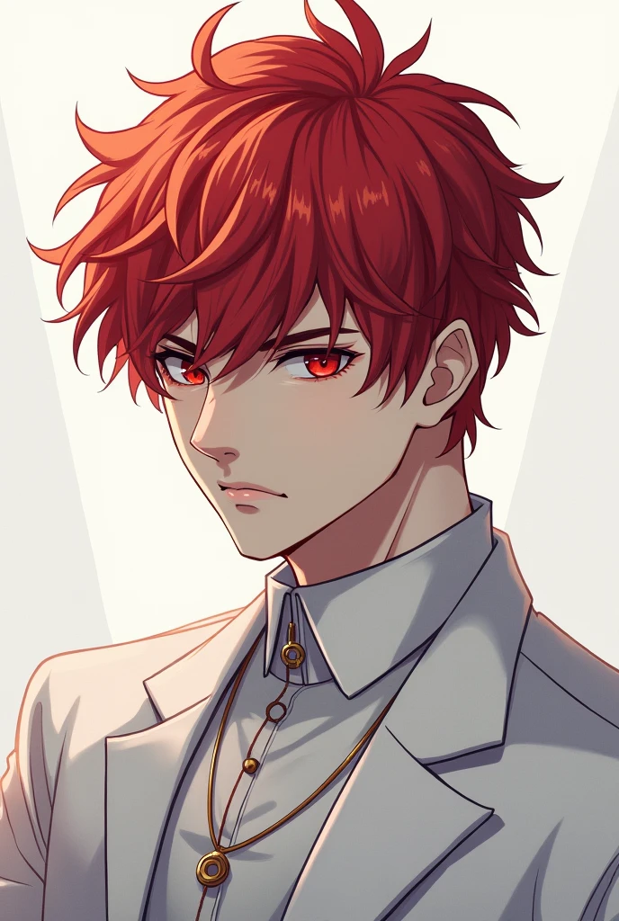 red hair, red eyes, young king, dangerous, anime, cool, very simple royal outfit white, handsome, serious, shaggy