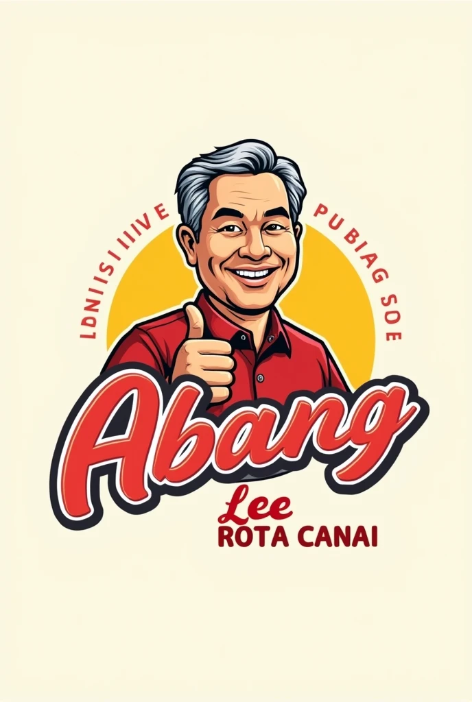 word "Abang Lee Roti Canai" for logo. industri. red white yellow font.copy design like mcd logo. man age 50 muslim . Malay man face. tan skin. rey hair, small beasd. thumb up hand.