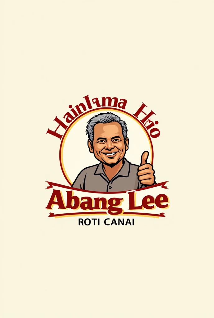 word "Abang Lee Roti Canai" for logo. industri. red white yellow font.copy design like mcd logo. man age 50 muslim . Malay man face. tan skin. rey hair, small beasd. thumb up hand.