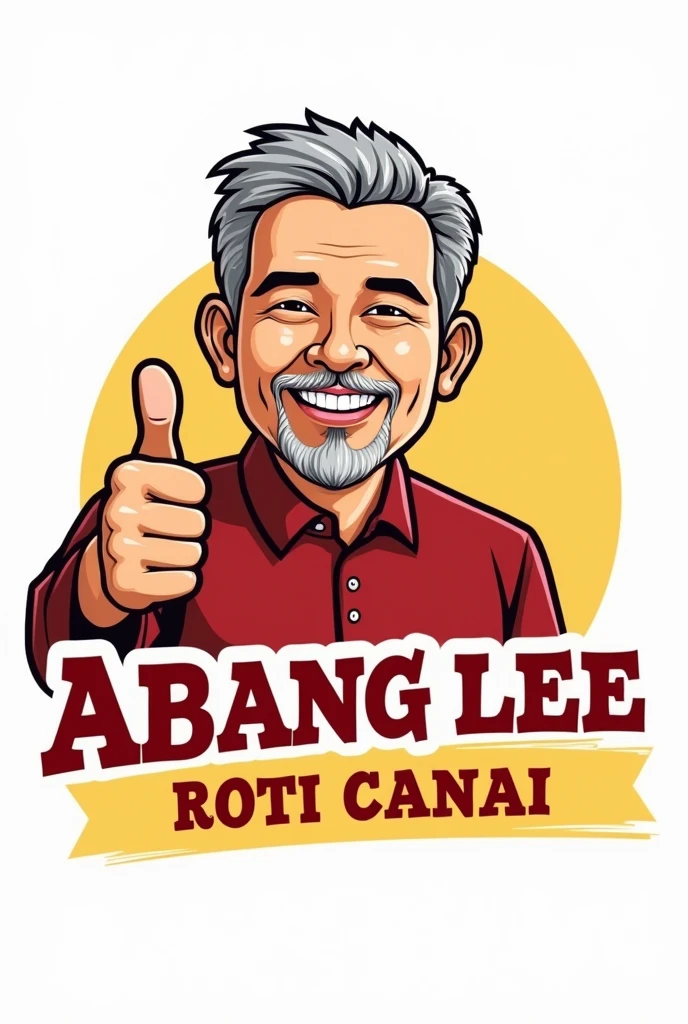 word "Abang Lee Roti Canai" for logo. industri. red white yellow font.copy design like mcd logo. man age 50 muslim . Malay man face. tan skin. rey hair, small beasd. thumb up hand.
