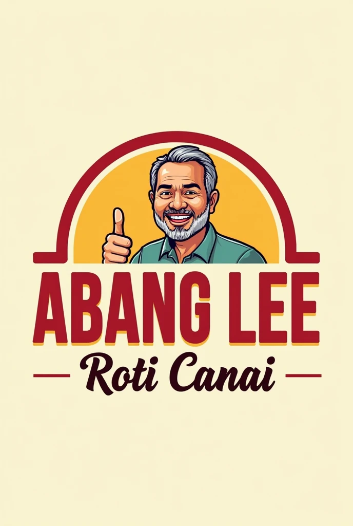 word "Abang Lee Roti Canai" for logo. industri. red white yellow font.copy design like mcd logo. man age 50 muslim . Malay man face. tan skin. rey hair, small beasd. thumb up hand.
