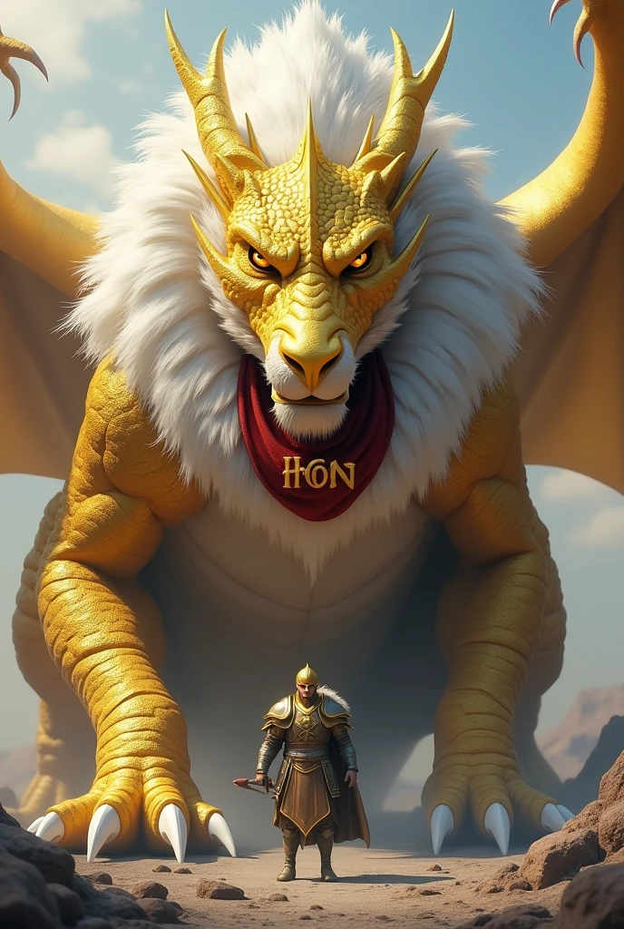A large golden dragon with white fur with a large collar that says HON in red on its chest with a soldier between its sharp claws