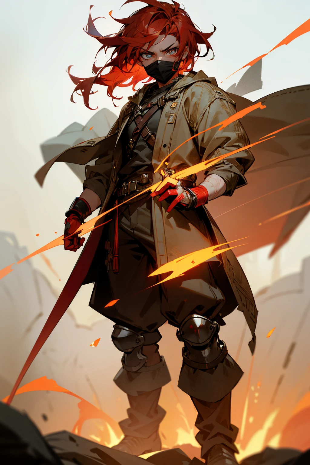 Masterpiece Quality, Perfect Generation, Sclera, Detailed Eyes, Skin, , , Warrior Clothing, Random Expression, , Battlefield Background, Full Body, Clothed, Hair Tie, Mad, Standing, strong, , eyes, , masculine, Male, , standing, neon red hair, eye mask, short neon hair,