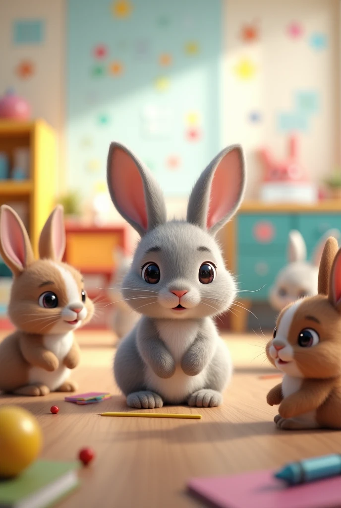 LEAD-COLORED BUNNY IN HIS PREKINDERGARTEN WITH OTHER BUNNIES
