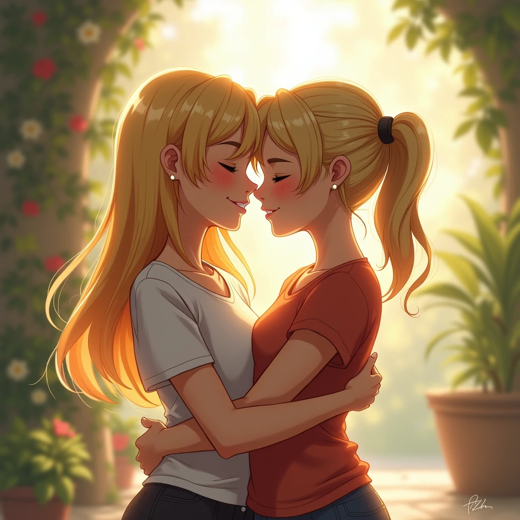 Blonde 20-years girl hugs her friend