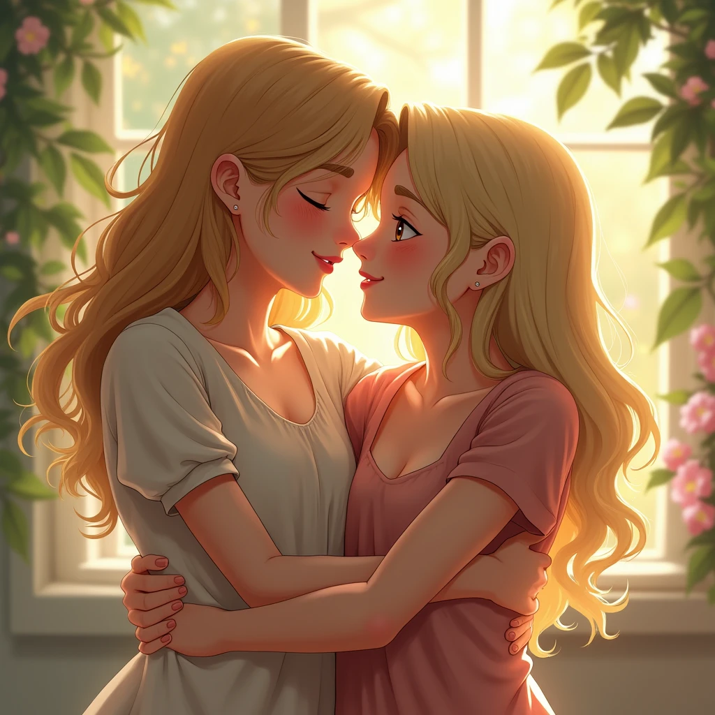 Blonde 20-years girl hugs her friend