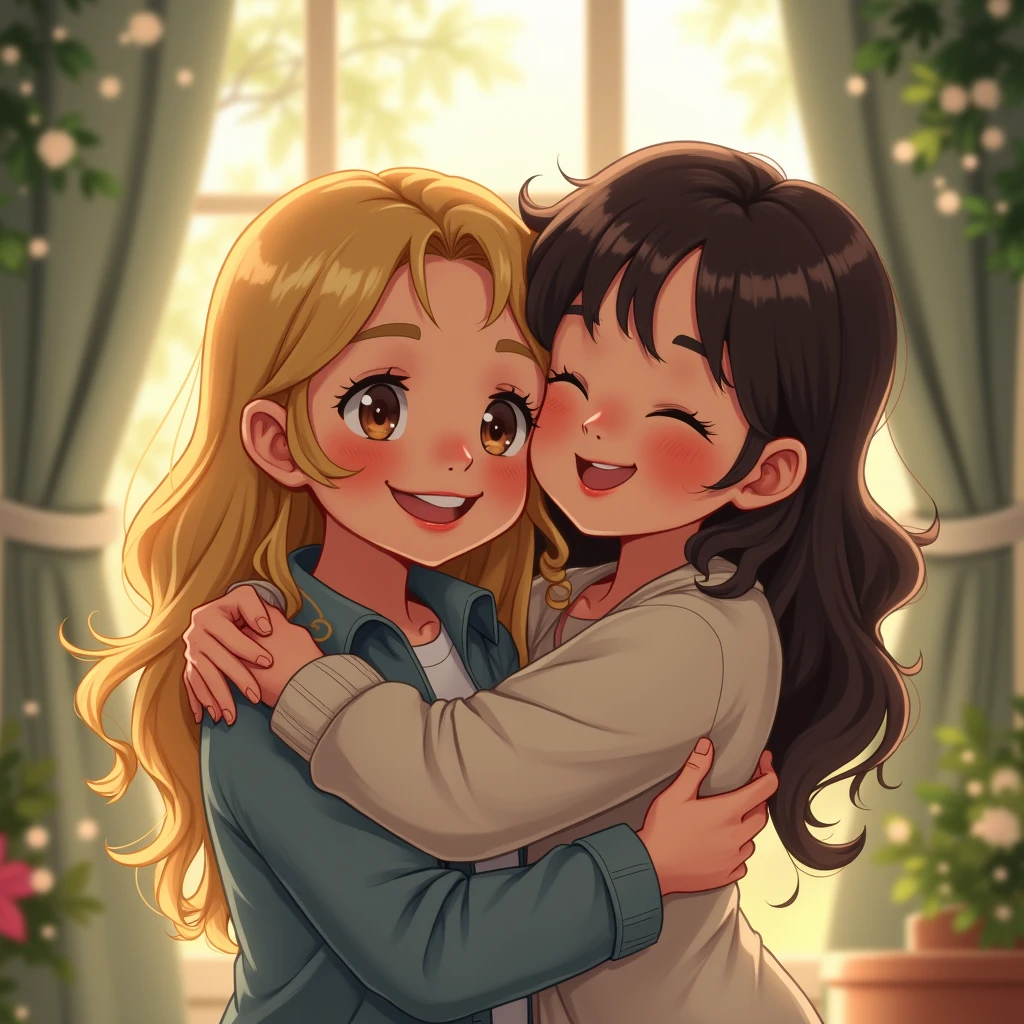 Blonde 20-years girl hugs her friend