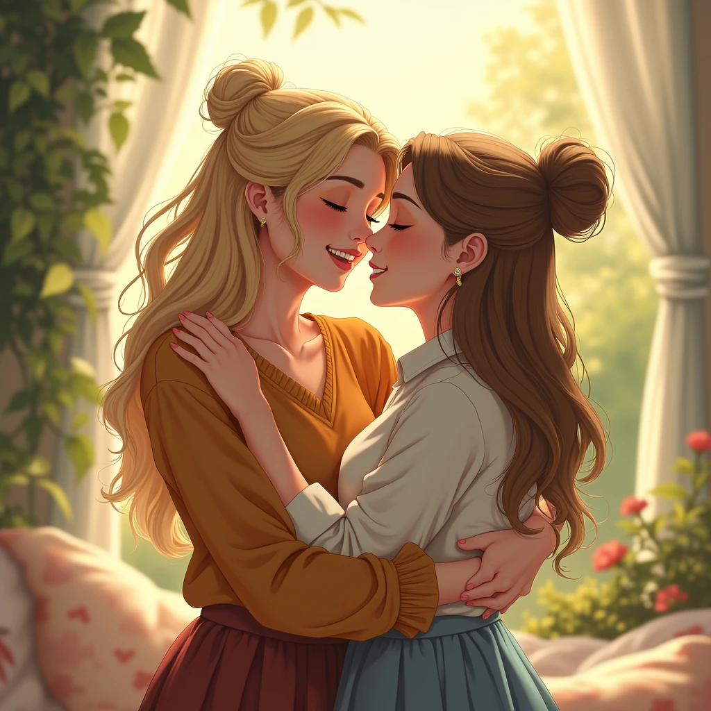 Blonde 20-years girl hugs her friend