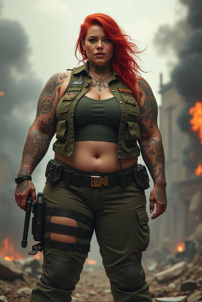 Chubby military woman with tattoo, red hairs, alot of tattoos, war back ground