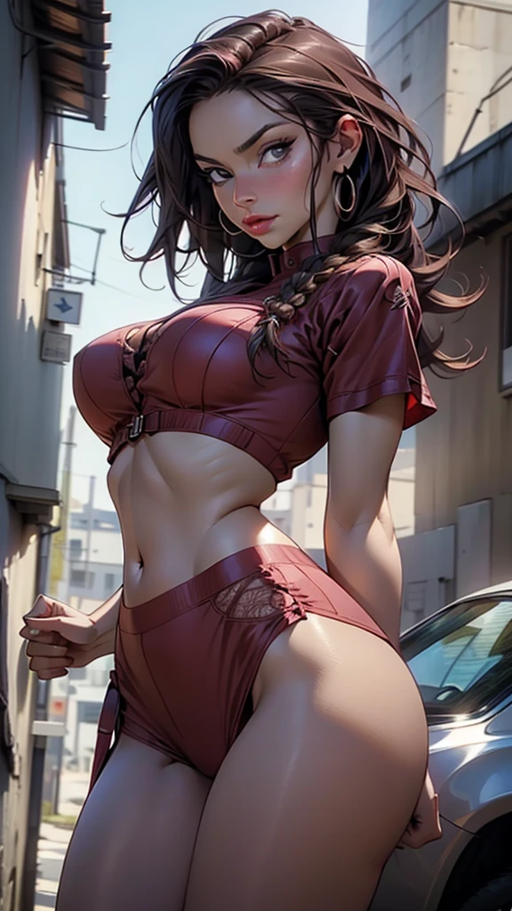 burgundy hair, brown skin, intricate laced lingerie, detailed gorgeous face, beautiful mature aboriginal girl, long braided burgundy hair, large_breast, toned stomach, ample hips, mesmerizing accentuated detailed big booty, showing midriff, (photorealistic, photorealism), (8k, RAW photo, highest quality, masterpiece, ultra-high resolution, physically-based rendering),