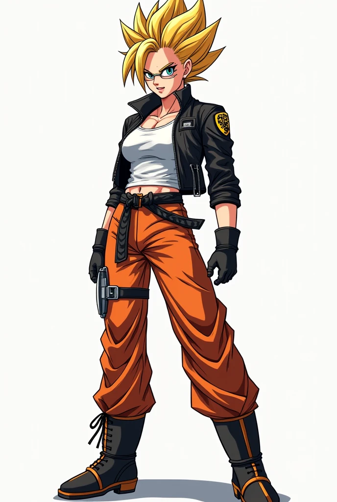 Full body image of a female version of Goku wearing the clothes of the T-800 from Terminator. anime style
