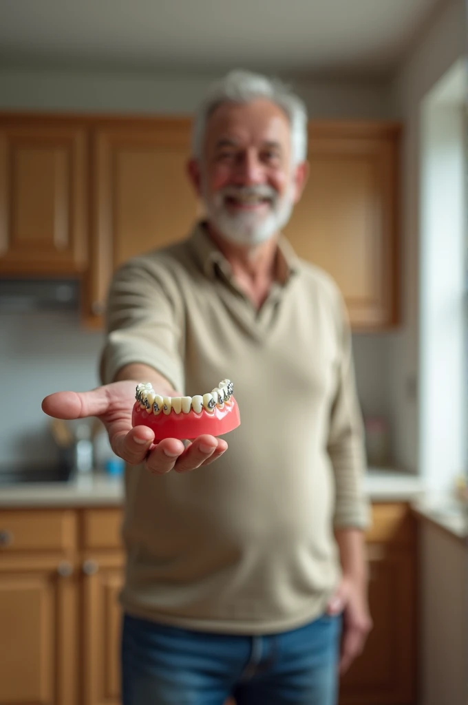 Man pointing to a denture