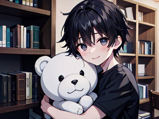 1 boy, he hugs a big white teddy bear, Upper body shot only, Black short hair, He is wearing a grey shirt, He smiles gently, ソファ, Bookshelf, ornamental foliage plant