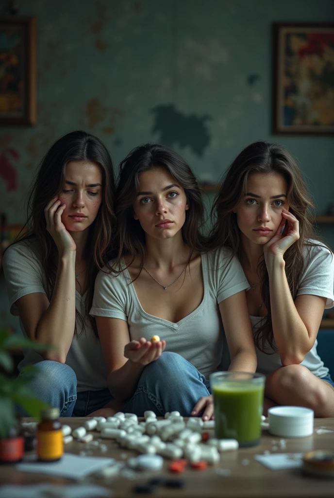 create an image of a 3 woman, white, with pale facial expression, dark circles, confused, tiredness, frustration, Grievingza, depression, Messy hair, sitting on a sofa, in front there is a table with medicines, supplements, a glass of green juice, and she's holding a pill in one hand and looking at the pill. the environment in the background and surroundings is dirty, Grieving, messy and depressed and with objects scattered around