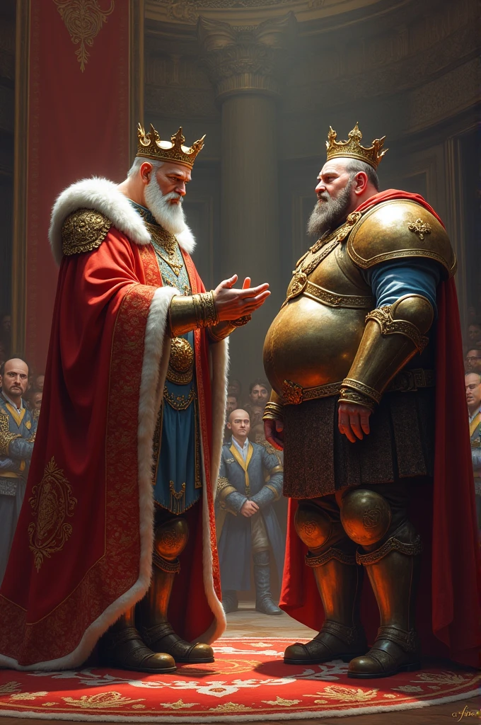 A king giving the number 57 to a fat man in armor