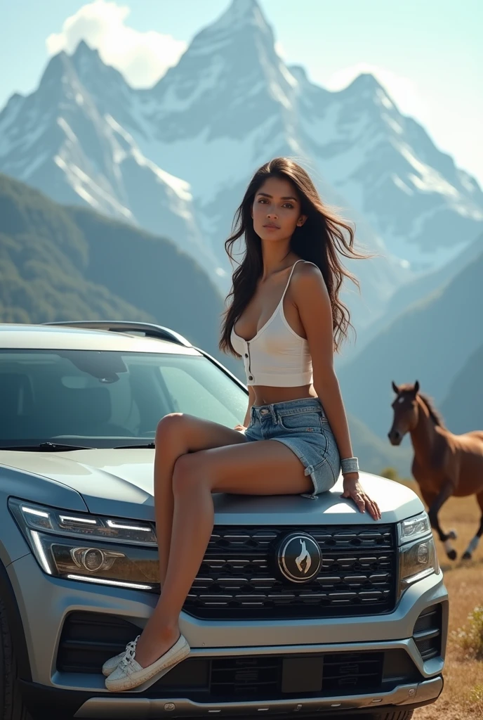A very beautiful Indian girl wearing white top and short jeans sitting on the bonnet of an suv near a mountain top and looking towards the hores running near by.