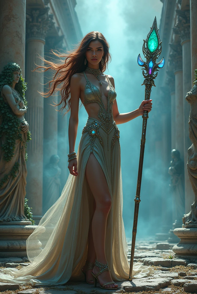 In a breathtaking photorealistic scene set in the heart of ancient Rome, amidst crumbling columns and stone structures adorned with Roman architecture, a striking sorceress stands confidently in the foreground, her entire figure fully visible. She wears a short, elegant gown that shimmers with intricate patterns and is adorned with delicate gemstones, perfectly highlighting her enchanting presence. On her feet are exquisite sandals that enhance her regal appearance, allowing for agility and grace. Her long, deep hair—a random vibrant color—flows freely in the wind, adding vitality to her character. In her right hand, she wields a stunning magician’s staff, topped with a radiant crystal that glows with magical energy, while her left hand is poised to summon powerful spells. Surrounded by a swirling mist that captures the light, she exudes an air of mystique and authority. In the background, an ancient Roman fountain, intricately designed with classic motifs, glows with vibrant hues of blue and green, casting enchanting light over the desolate surroundings. To one side of the scene stands a random statue, depicting a forgotten deity or hero, its stone surface weathered by time yet still exuding a sense of majesty. This statue, partially covered in ivy, adds depth and historical context to the composition. The atmosphere is thick with tension; distant growls of lurking creatures blend with the sounds of rustling leaves and echoing footsteps. With intense, piercing eyes filled with resolve, the sorceress stands ready for confrontation, embodying power and bravery against the haunting backdrop of the Roman ruins, the magical fountain, and the ancient statue.