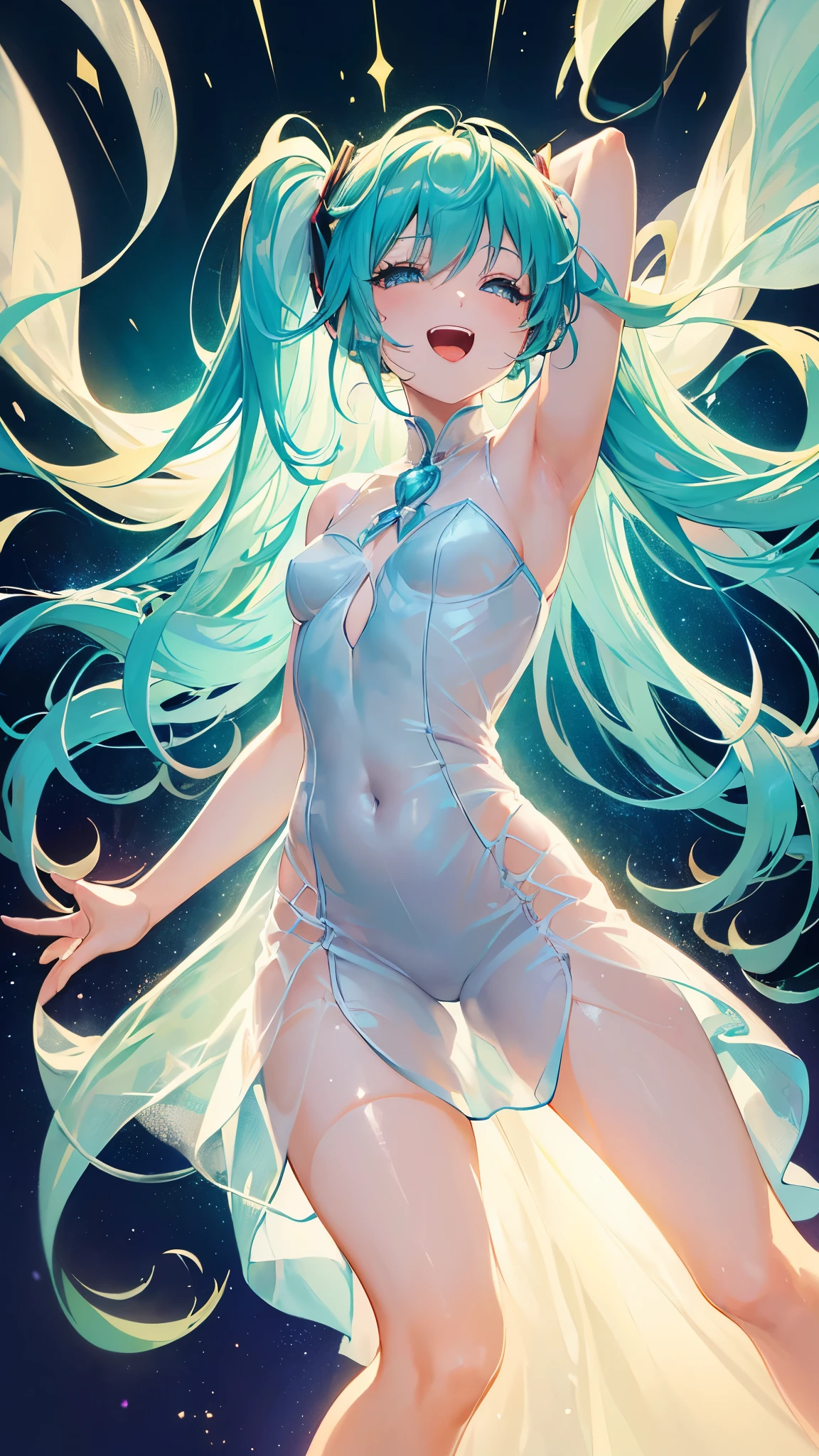 (最high quality:1.2, Anime artwork, Anime Style, Studio Anime, Very detailed, up to date, Vibrant, Anime Coloring, High Contrast, masterpiece:1.2, 最high quality, Best aesthetics), 1 female, alone, Fairy, The body is slim, (Hatsune Miku), blonde, (Small face), ((Pastel Dress, Transparent body, Transparent dress, Light effects)), (((Captivating body, Lewd Curves))), Forest and spring background, ,((Laughing with your mouth open:1.2)), Normal hip joint,, Put your arms behind your head, (Color coding, Sexy Fishnet Stockings, Shiny costumes), Beautiful Skin, Beautiful Skin, Perfect Fingers, Five Fingers, Anatomically correct, Background Blur, high quality, Surreal, Bright colors,